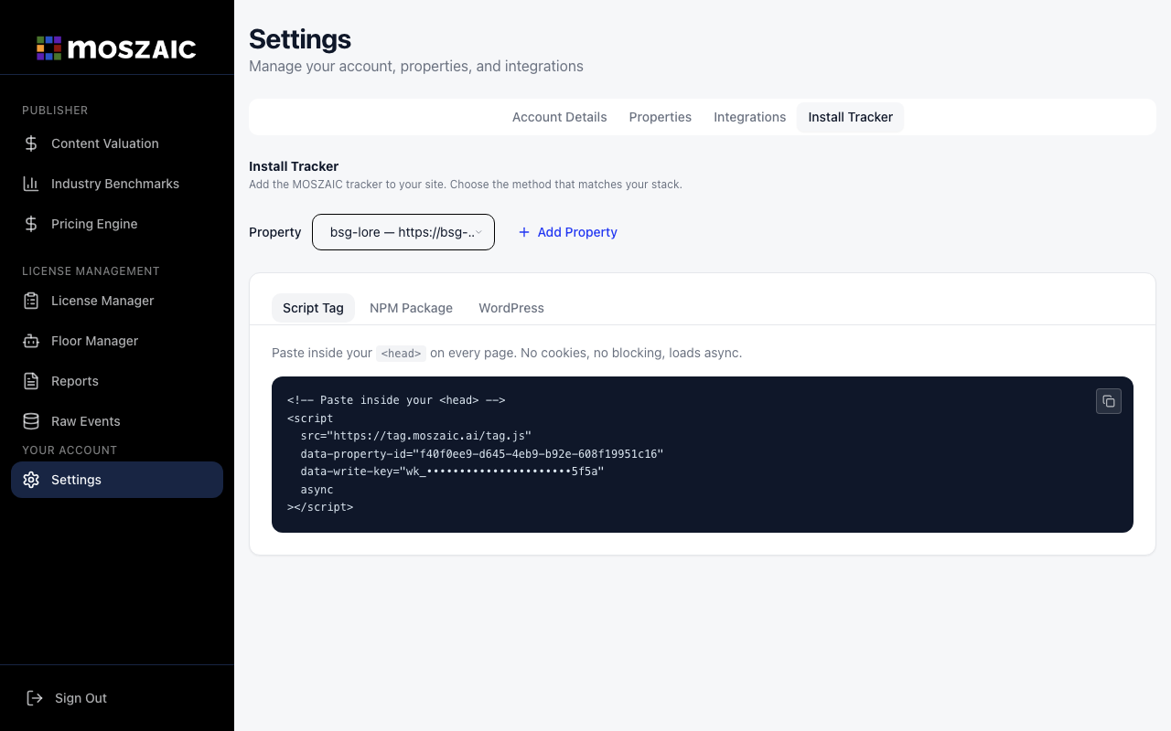 Settings → Install Tracker showing your pre-filled script tag