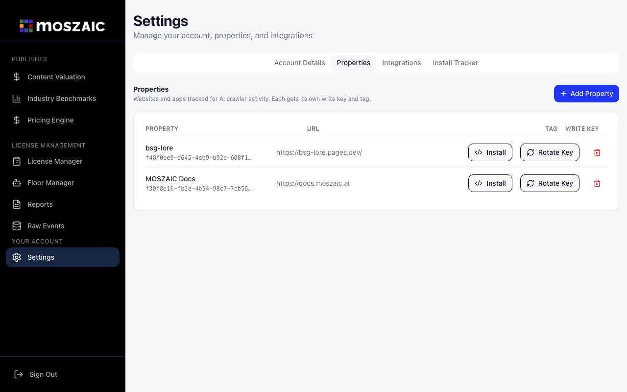 Settings → Properties tab showing existing properties
